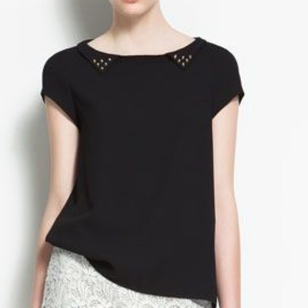 Zara Woman Short-Sleeve Studded Collar Blouse